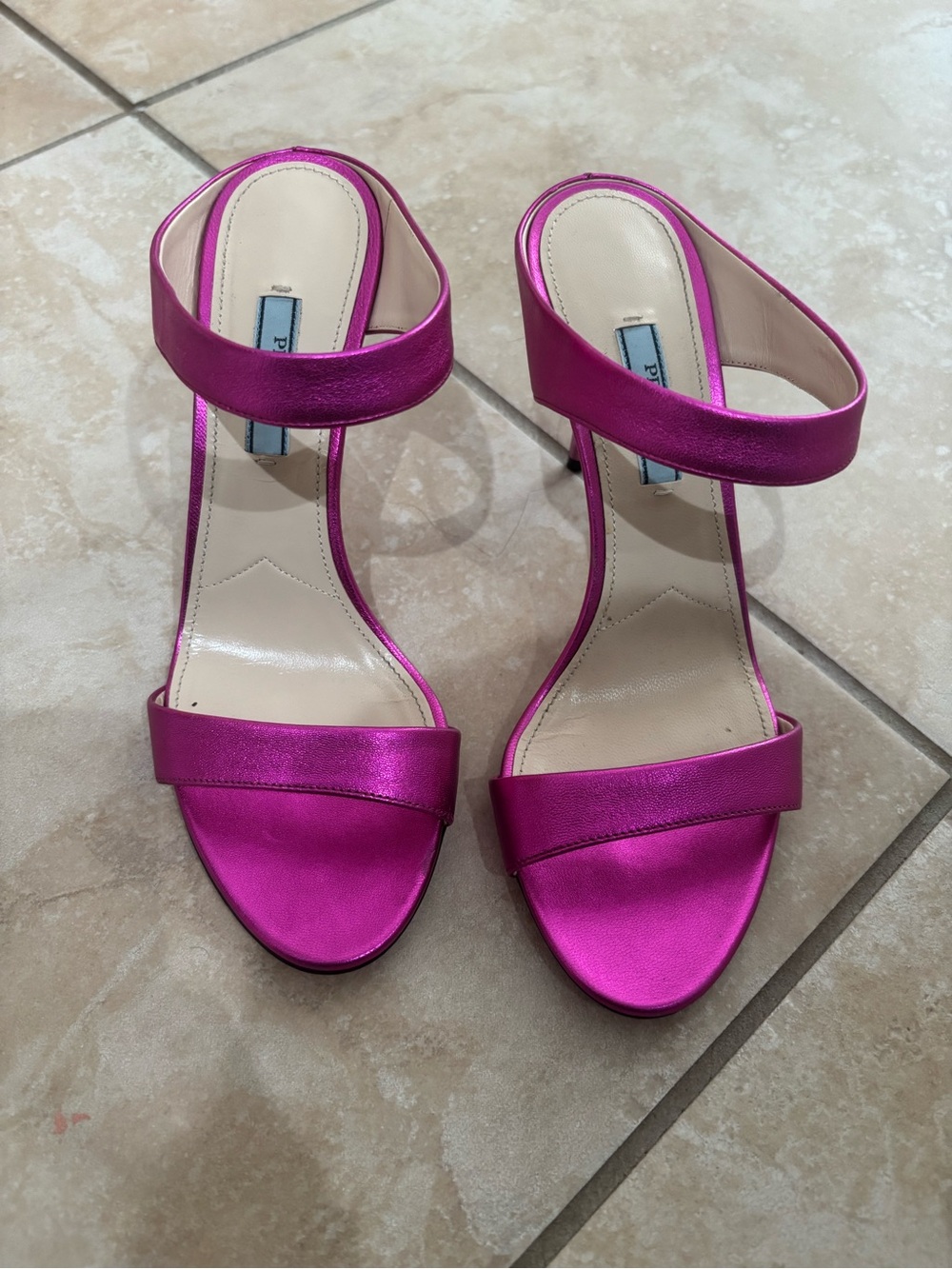 Prada Metallic Fuchsia Two-Strap Heeled Sandals